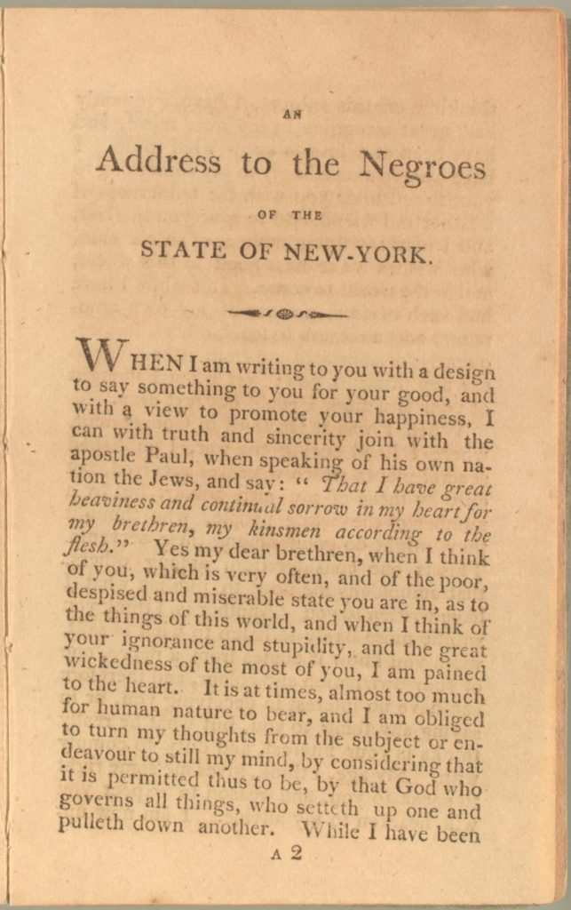 Page from a book containing the "Address To The Negros In The State of New York"